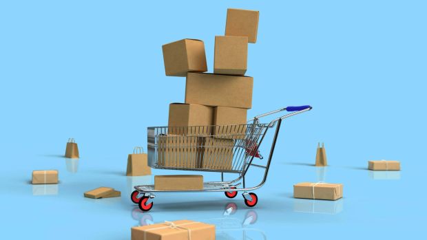 Sviluppo e-commerce - Carrello shopping online con pacchi prodotti e-commerce